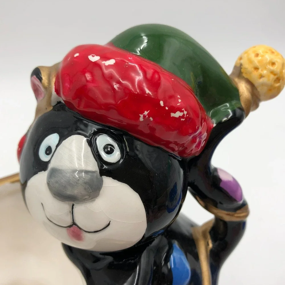 WCL Black Cat Sleigh Sled VINTAGE CHRISTMAS Winter CERAMIC BOWL PLANTER